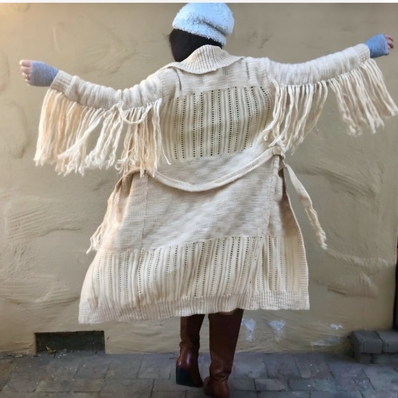 Spell ✦ Fringe Knit Cardigan Sweater ✦ Belted Shawl Collar Open Knit S/M Beige - Picture 1 of 12